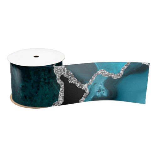 Teal Blue and Silver Faux Glitter Agate Satin Ribbon