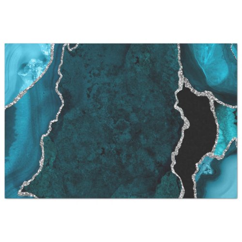 Teal Blue and Silver Faux Glitter Agate Tissue Paper