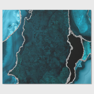 Teal Blue and Silver Faux Glitter Agate Wrapping Paper