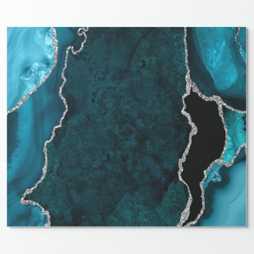 Teal Blue and Silver Faux Glitter Agate Wrapping Paper