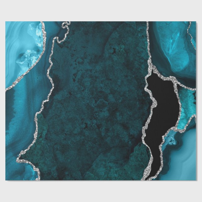 Teal Blue and Silver Faux Glitter Agate Wrapping Paper (Flat)