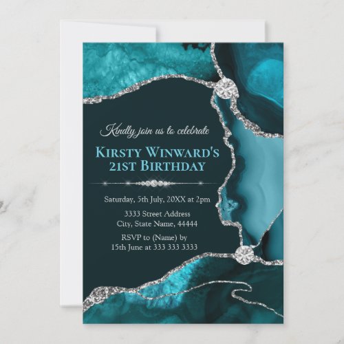 Teal Blue and Silver Glitter Agate Birthday Party Invitation