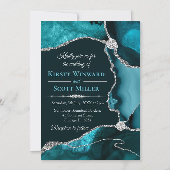 Teal Blue and Silver Glitter Agate Wedding Invitation (Front)