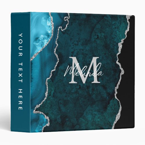 Teal Blue and Silver Marble Agate 3 Ring Binder