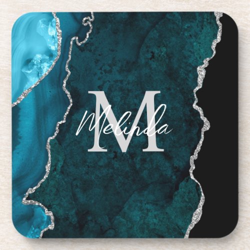 Teal Blue and Silver Marble Agate Beverage Coaster