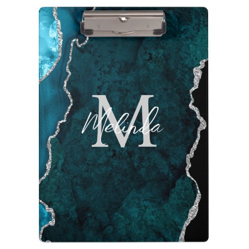 Teal Blue and Silver Marble Agate Clipboard