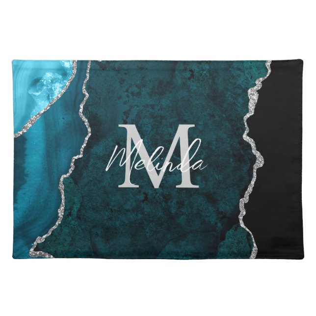 Teal Blue and Silver Marble Agate Cloth Placemat (Front)