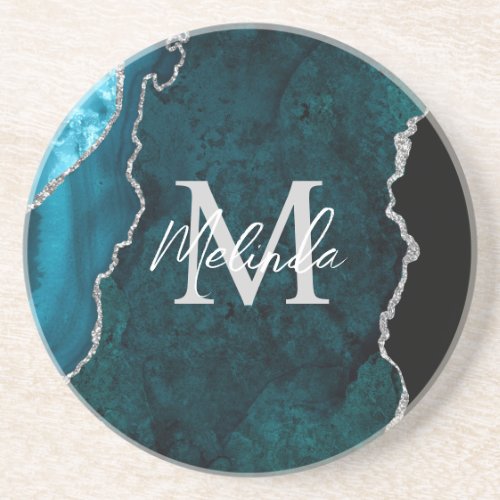 Teal Blue and Silver Marble Agate Coaster