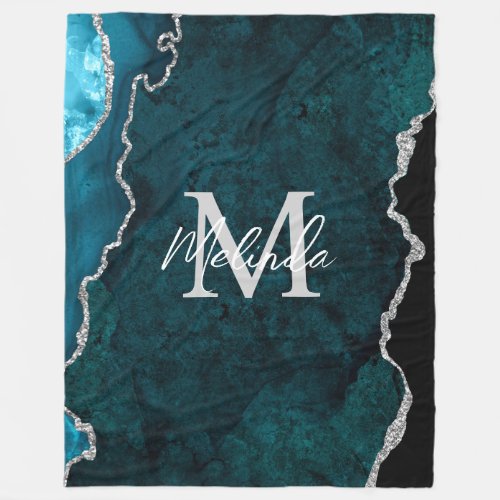 Teal Blue and Silver Marble Agate Fleece Blanket
