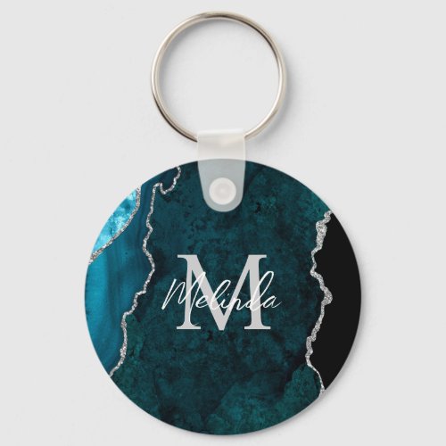 Teal Blue and Silver Marble Agate Keychain