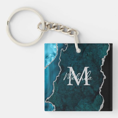 Teal Blue and Silver Marble Agate Keychain