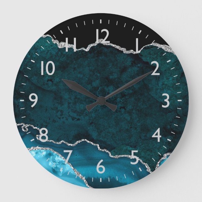 Teal Blue and Silver Marble Agate Large Clock (Front)