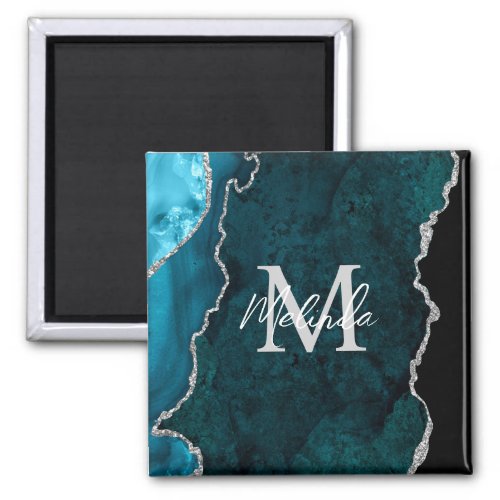 Teal Blue and Silver Marble Agate Magnet