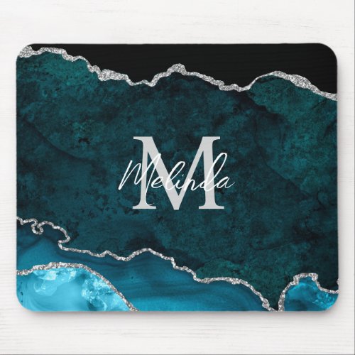 Teal Blue and Silver Marble Agate Mouse Pad