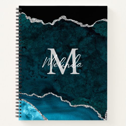 Teal Blue and Silver Marble Agate Notebook