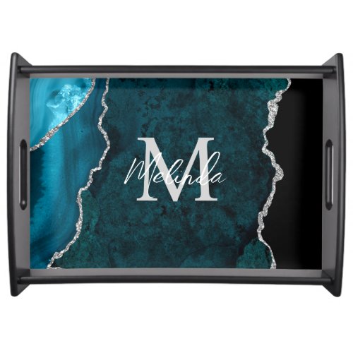 Teal Blue and Silver Marble Agate Serving Tray