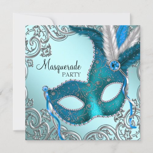 Teal Blue and Silver Mask Masquerade Party Invitation