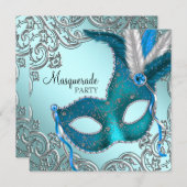 Teal Blue and Silver Mask Masquerade Party Invitation (Front/Back)