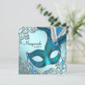 Teal Blue and Silver Mask Masquerade Party Invitation (Standing Front)