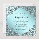 Teal Blue and Silver Mask Masquerade Party Invitation (Back)