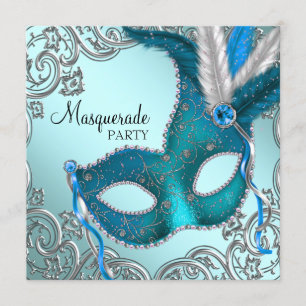 Teal Blue and Silver Mask Masquerade Party Invitation
