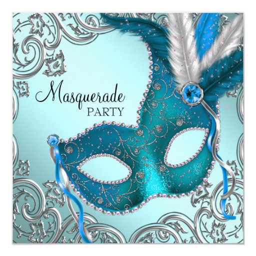 Teal Blue and Silver Mask Masquerade Party Invitation | Zazzle