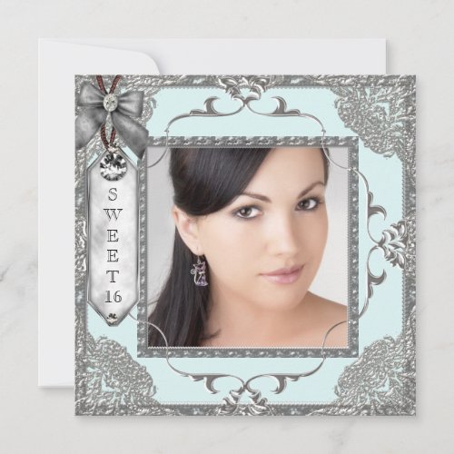 Teal Blue and Silver Photo Sweet 16 Birthday Party Invitations