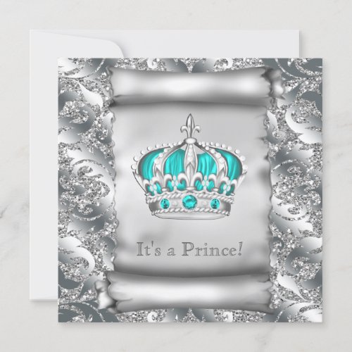 Teal Blue and Silver Prince Baby Shower Invitation