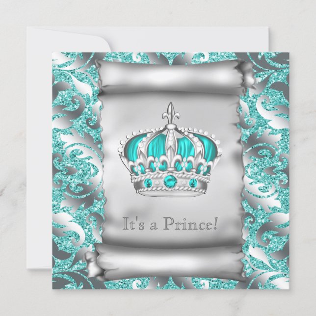 Teal Blue and Silver Prince Boy Baby Shower Invitation (Front)