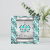 Teal Blue and Silver Prince Boy Baby Shower Invitation (Standing Front)
