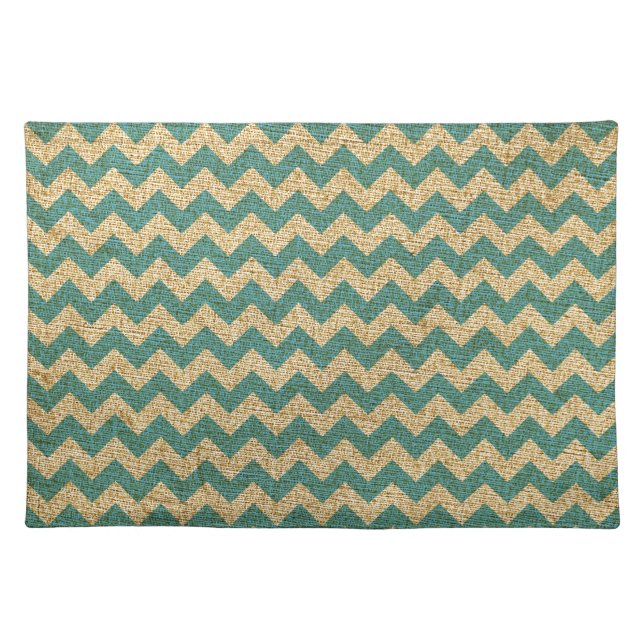 Teal Blue and Tan Canvas Chevron Pattern Placemat (Front)