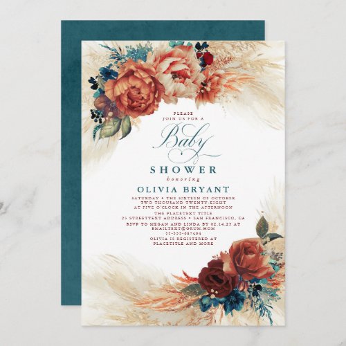 Teal Blue and Terracotta Floral Boho Baby Shower Invitation