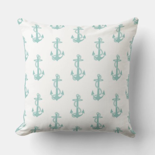 Teal Blue and White Anchor Pattern Throw Pillow