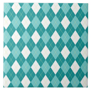 Teal blue and white argyle pattern ceramic tile