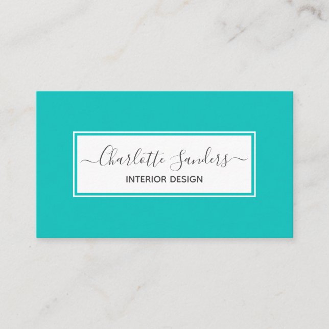 Teal blue and white business card (Front)