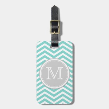 Teal Blue And White Chevron With Monogram Luggage Tag by eatlovepray at Zazzle