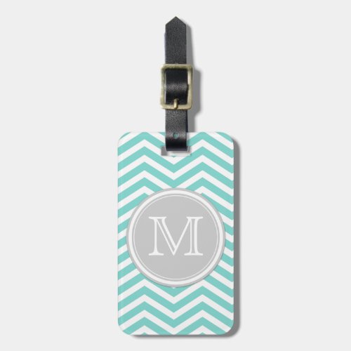 Teal Blue and White Chevron with Monogram Luggage Tag