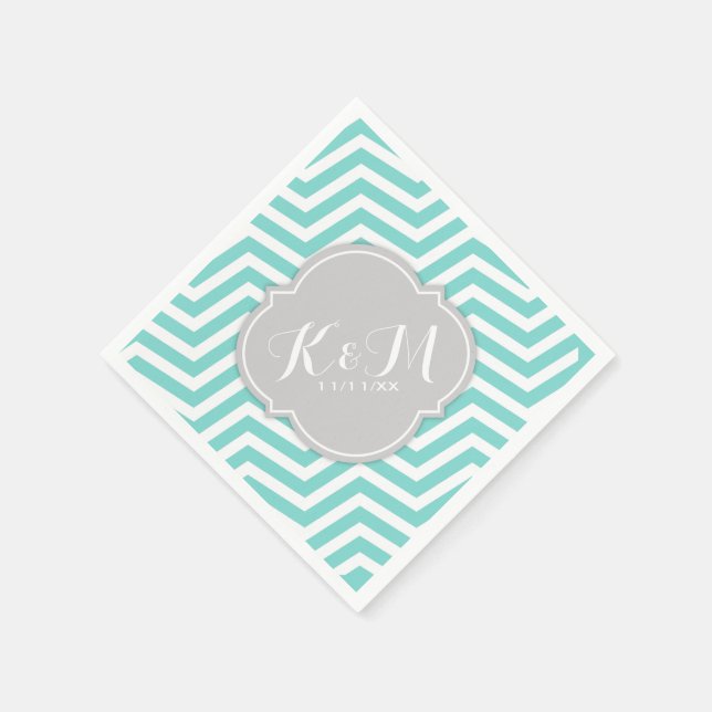 Teal Blue and White Chevron with Monogram Napkins (Corner)