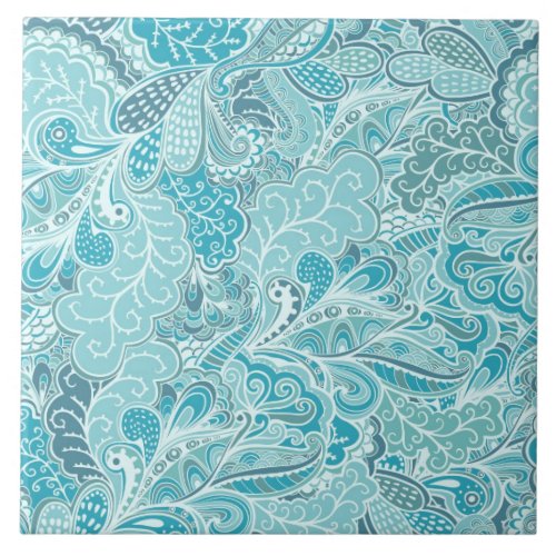 Teal Blue and White Elegant Patterned Ceramic Tile