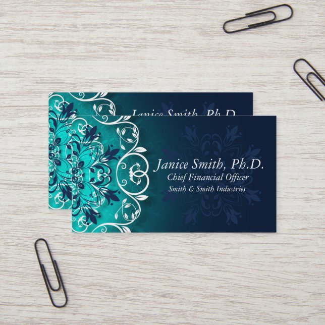 Teal, Blue And White Floral Swirls Mandala Business Card (Front/Back In Situ)