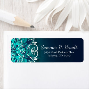 Teal, Blue And White Floral Swirls Mandala Label