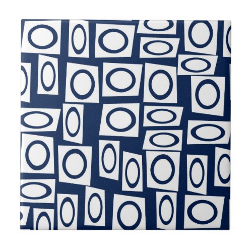 Teal Blue and White Fun Circle Square Pattern Tile