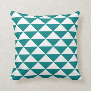 Teal Blue and White Geometric Triangular Pattern Throw Pillow