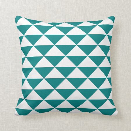 Teal Blue And White Geometric Triangular Pattern Throw Pillow