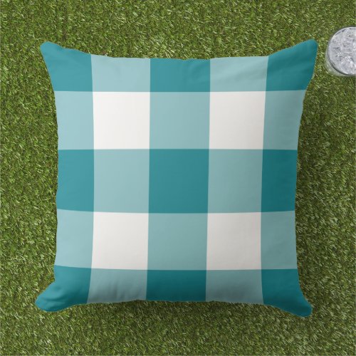Teal Blue and White Gingham Plaid Pattern Outdoor Pillow