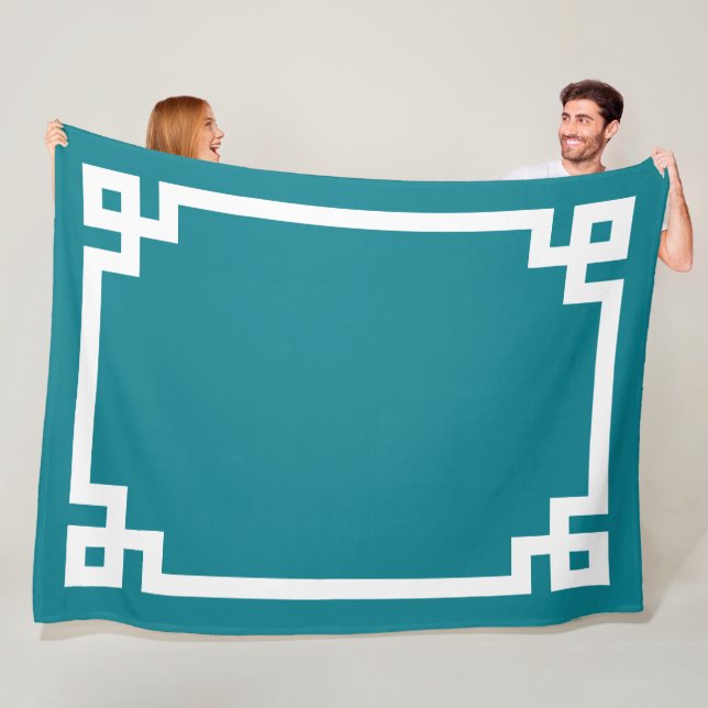 Teal Blue and White Greek Key Border Fleece Blanket (In Situ)
