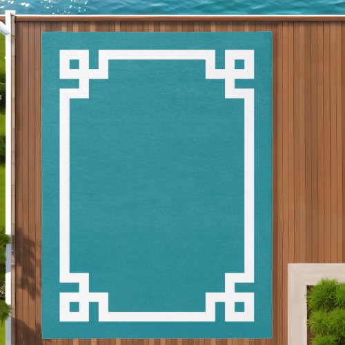 Teal Blue and White Greek Key Border Outdoor Rug