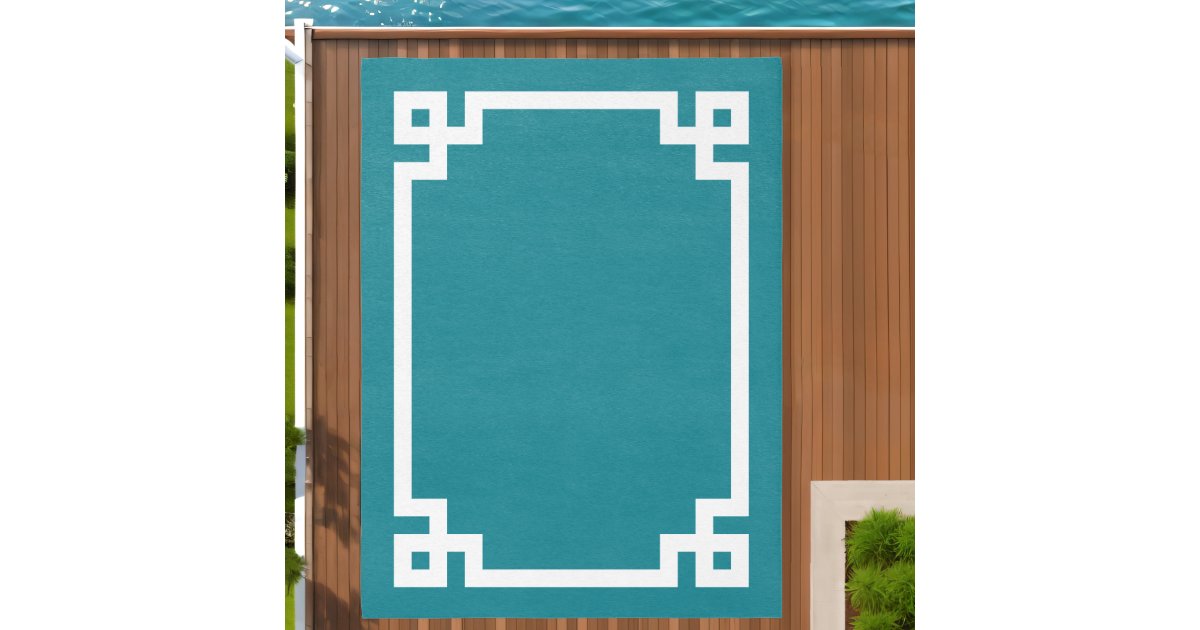 Teal Blue and White Greek Key Border Outdoor Rug Zazzle