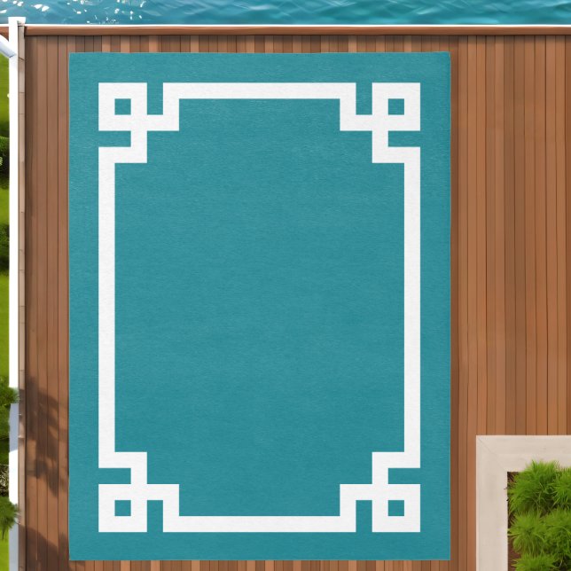 Teal Blue and White Greek Key Border Outdoor Rug (Insitu (Outdoor 2))