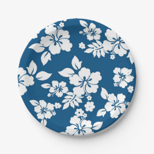 Teal Blue and White Hibiscus floral pattern Paper Plates